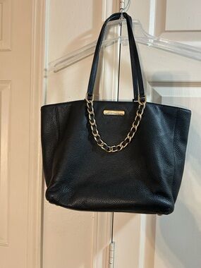 Michael Kors Black Harper East West Pebbled Leather Tote with Gold Chain Accent